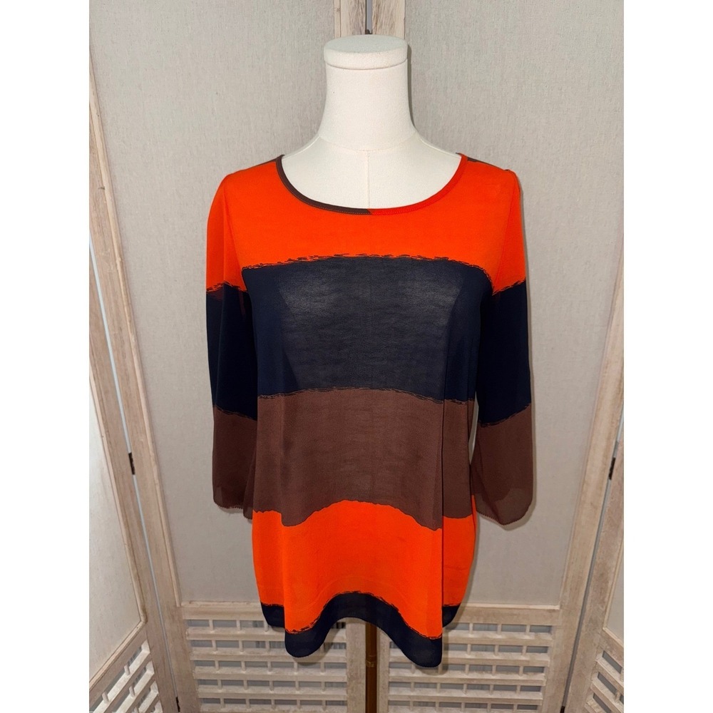 Umgee Striped Tunic Top Blouse 3/4 Sleeve Orange Brown Navy - Size Medium - Picture 2 of 7